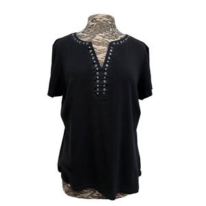 Vintage Y2K Embellished Top XL Black Cotton Rhinestones Short Sleeve Whimsigoth‎